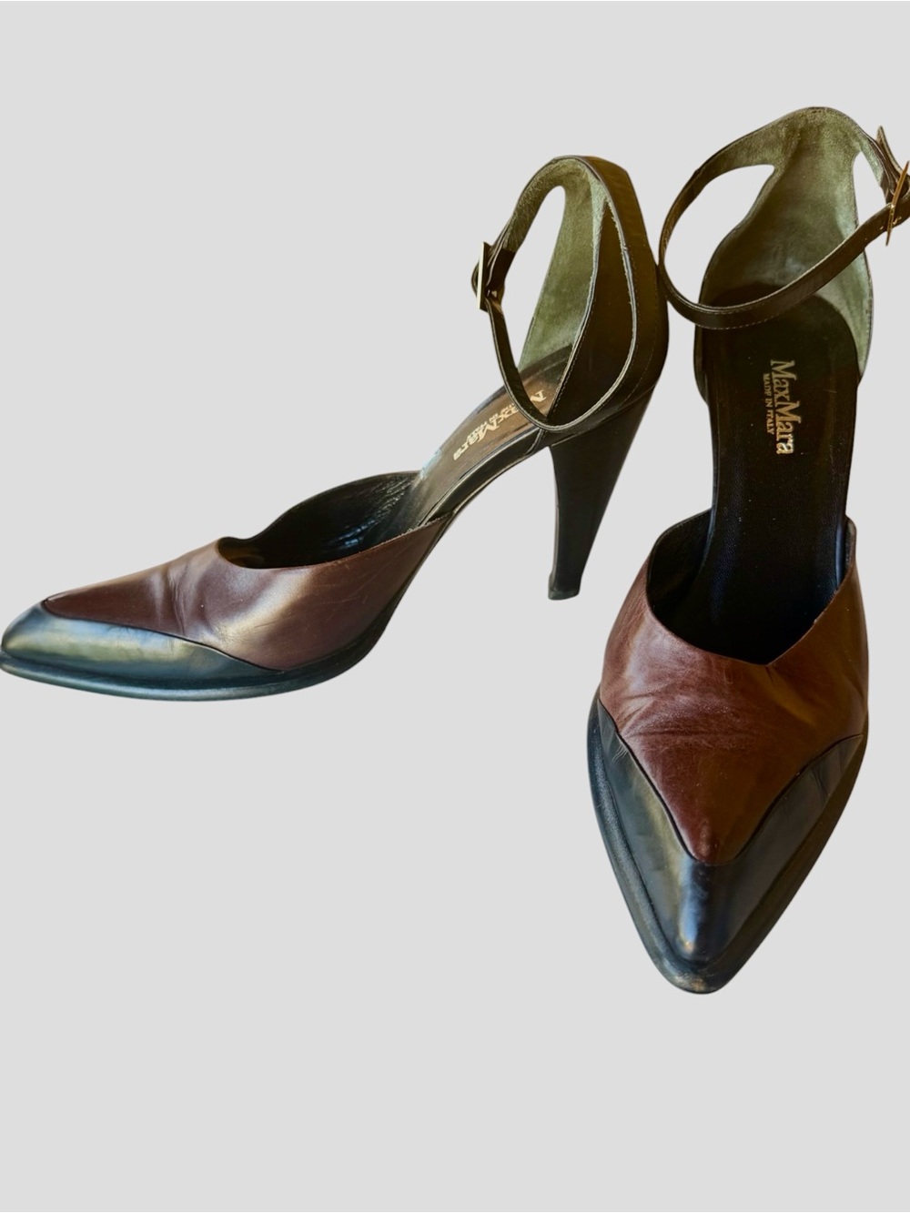 MaxMara Brown and Black Leather Pointed Ankle-Strap Heels 38